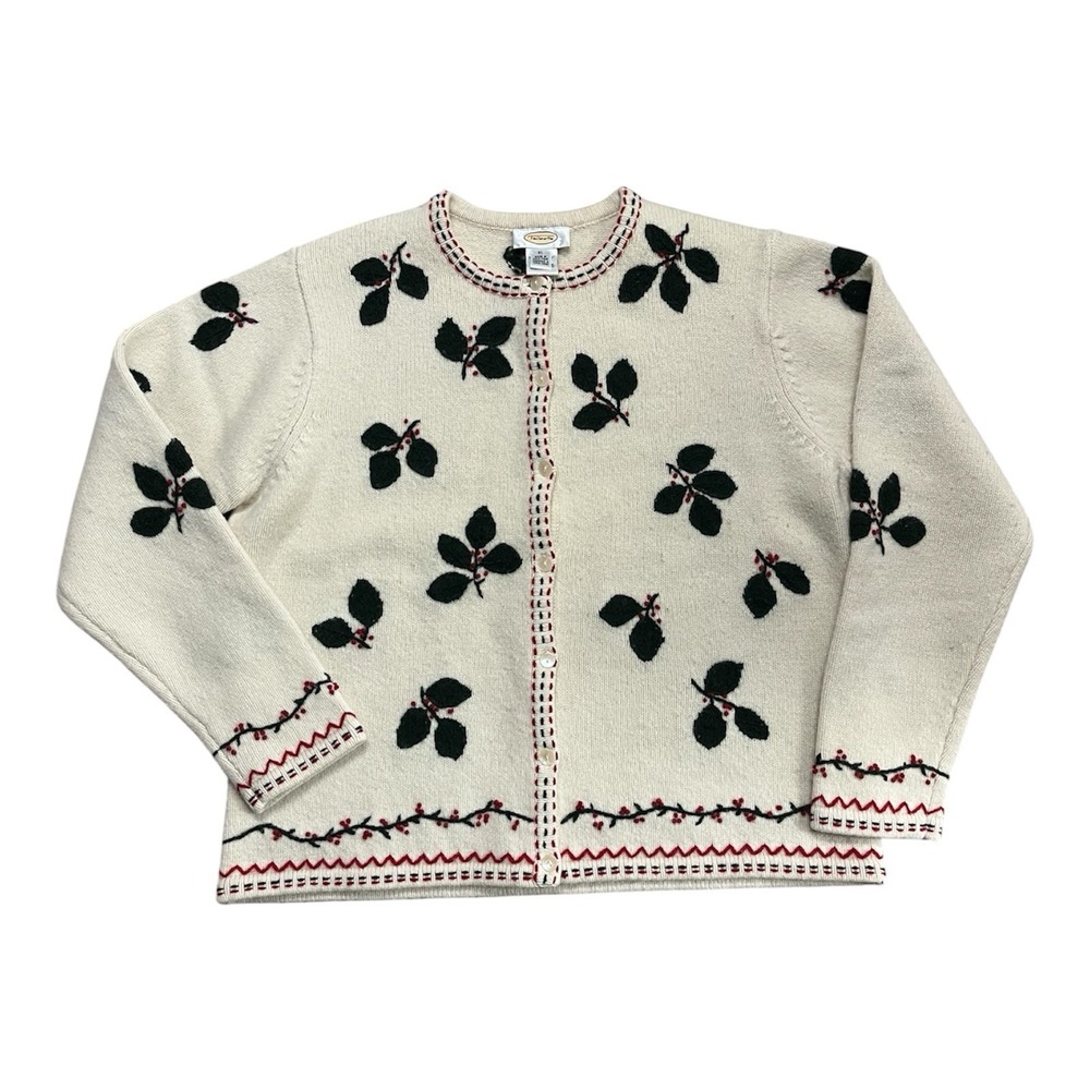 Talbots Christmas Cardigan XL Sweater Holly Berry Lambswool Cream Green Red VTG